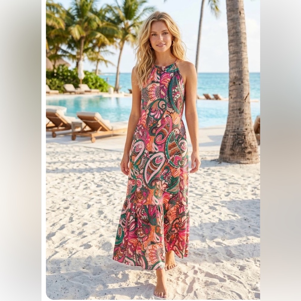 INC International Concepts Pink Green Orange Paisley Maxi Dress size 14